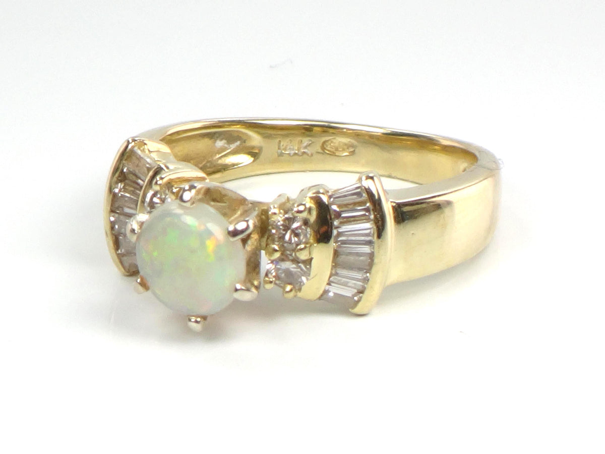 Vintage 14k Yellow Gold Opal and Diamond Engagement Ring, Circa 1980s, Size 6.25-BelmarJewelers