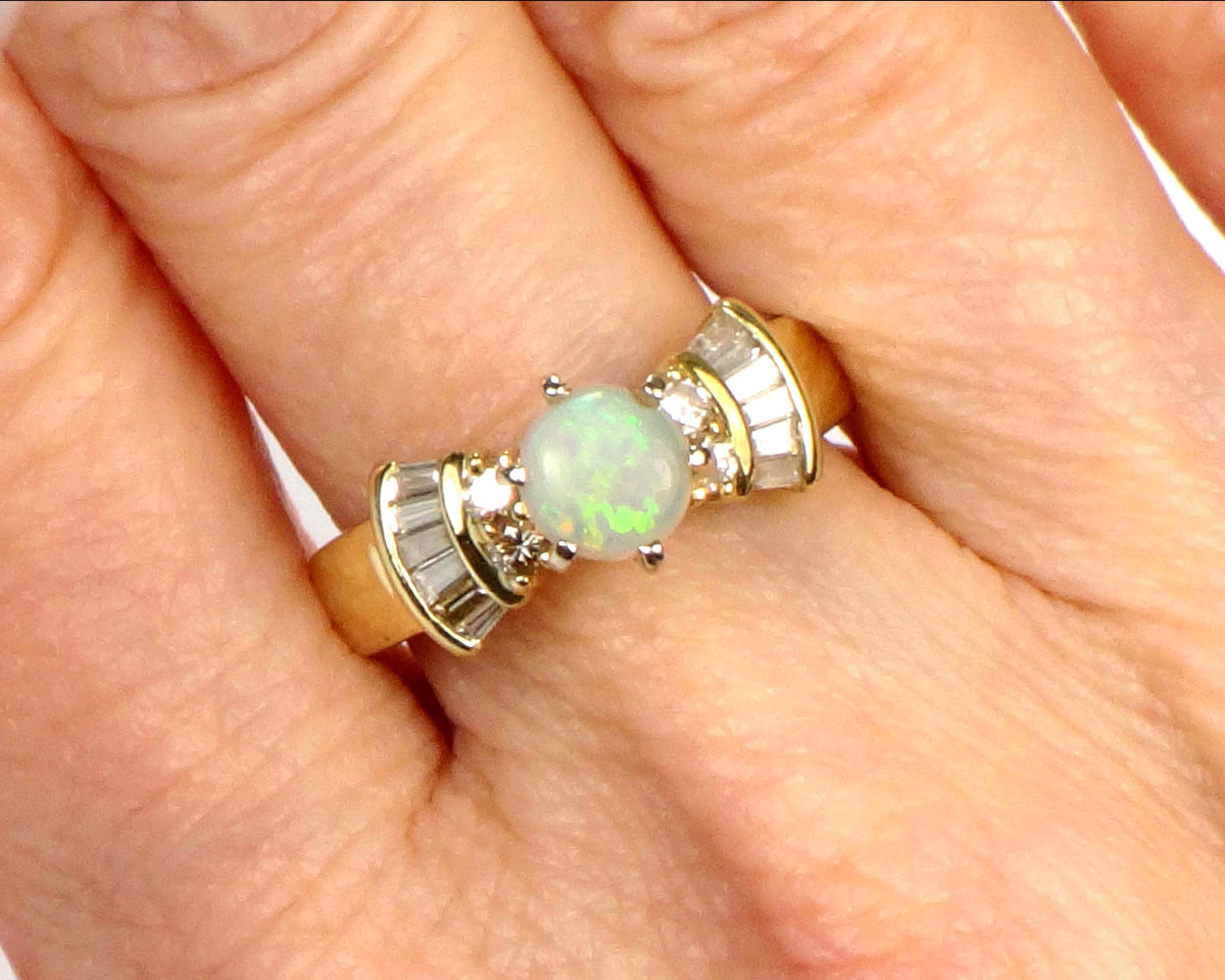 Vintage 14k Yellow Gold Opal and Diamond Engagement Ring, Circa 1980s, Size 6.25-BelmarJewelers