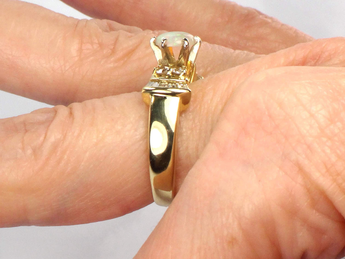 Vintage 14k Yellow Gold Opal and Diamond Engagement Ring, Circa 1980s, Size 6.25-BelmarJewelers