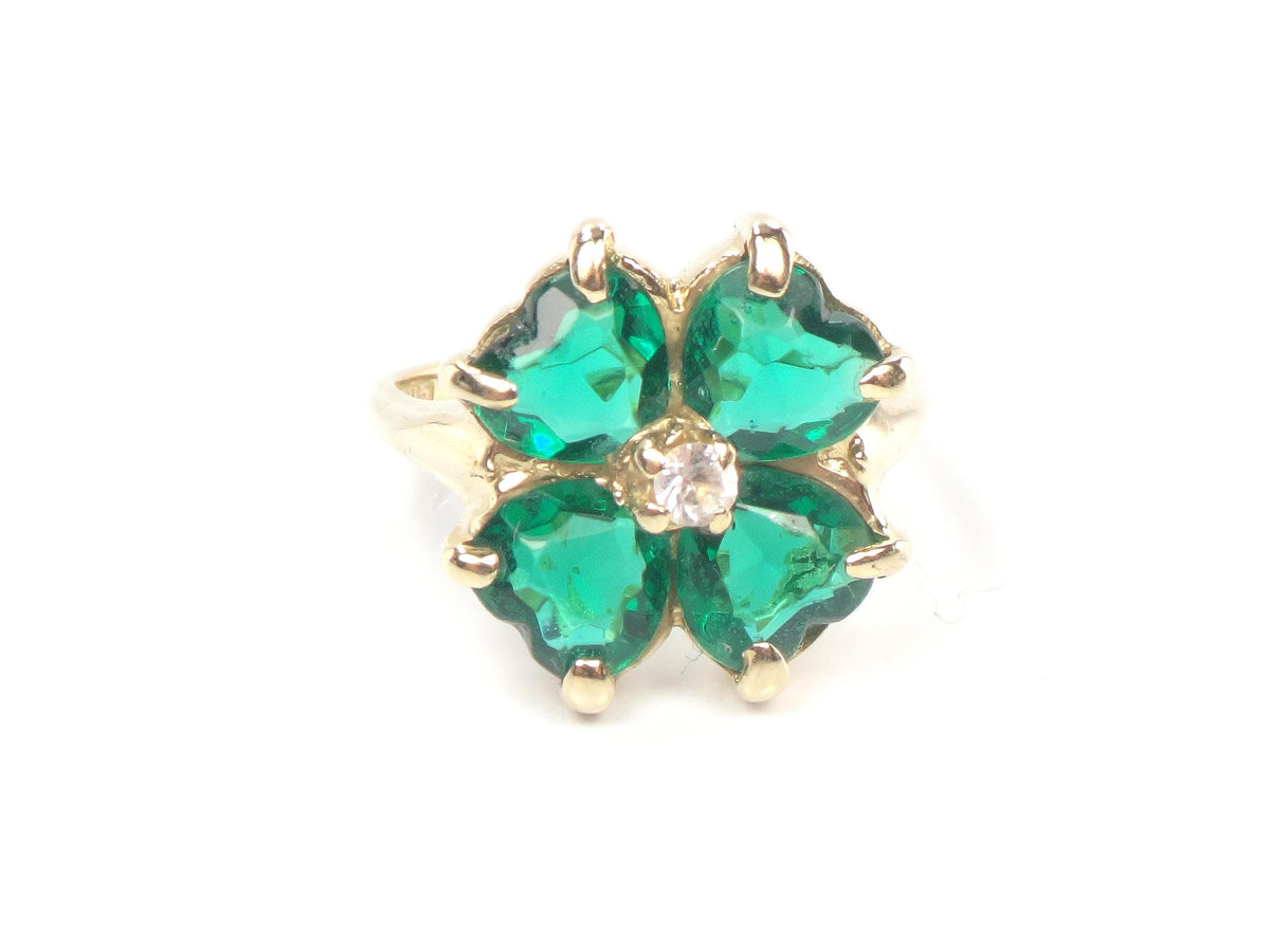 Vintage 14k Yellow Gold Green Glass & White Spinel Clover Ring, Size 5-BelmarJewelers