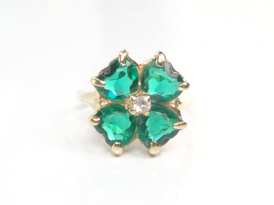 Vintage 14k Yellow Gold Green Glass & White Spinel Clover Ring, Size 5-BelmarJewelers