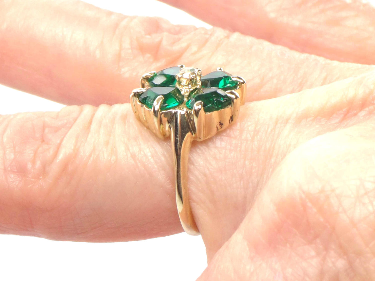 Vintage 14k Yellow Gold Green Glass & White Spinel Clover Ring, Size 5-BelmarJewelers