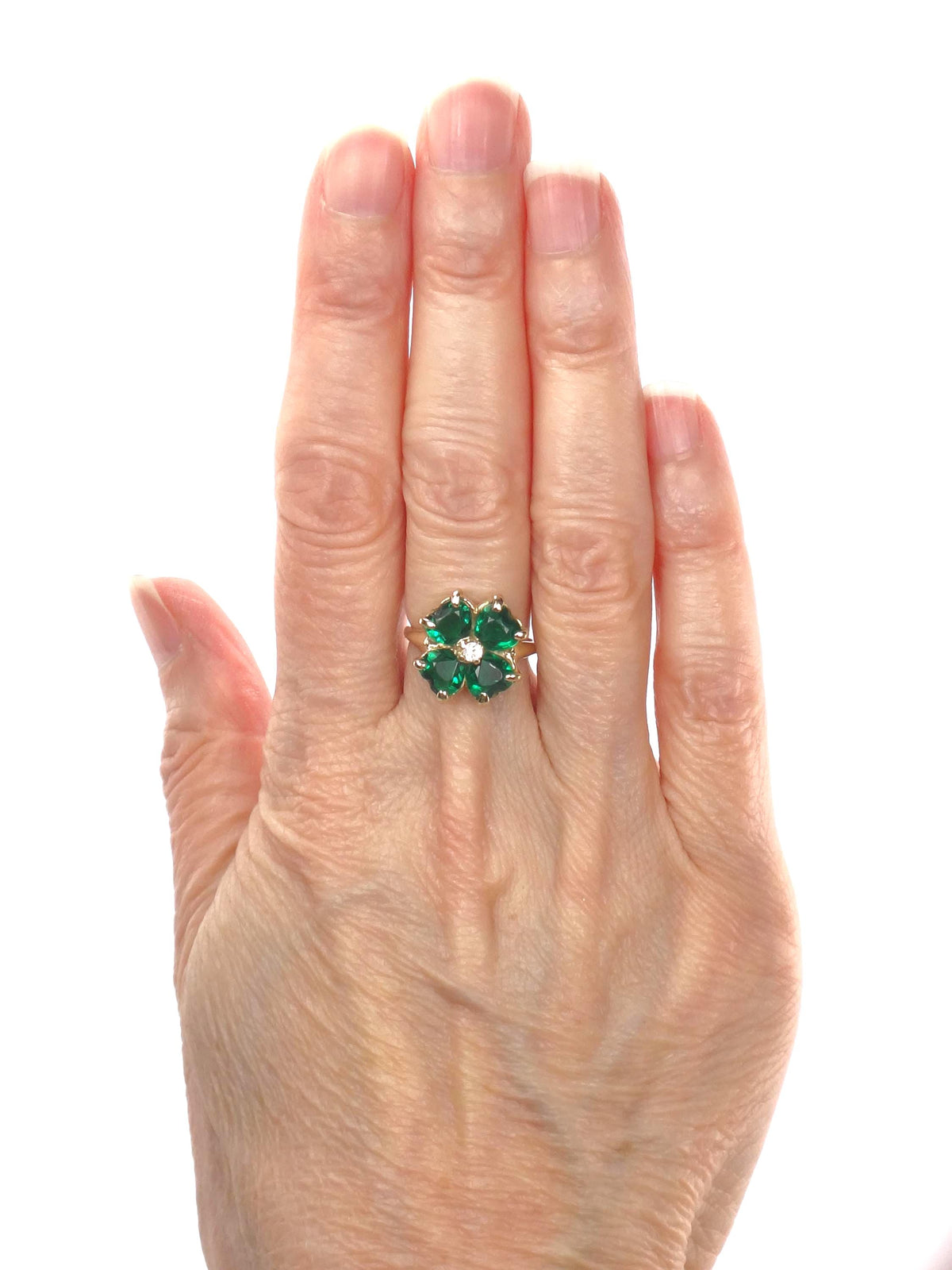 Vintage 14k Yellow Gold Green Glass & White Spinel Clover Ring, Size 5-BelmarJewelers