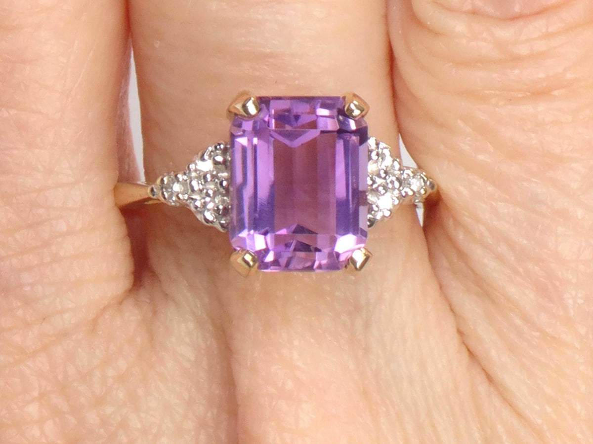 Vintage 14k Gold Rectangle Cut Amethyst and Diamond Ring, Size 7-BelmarJewelers