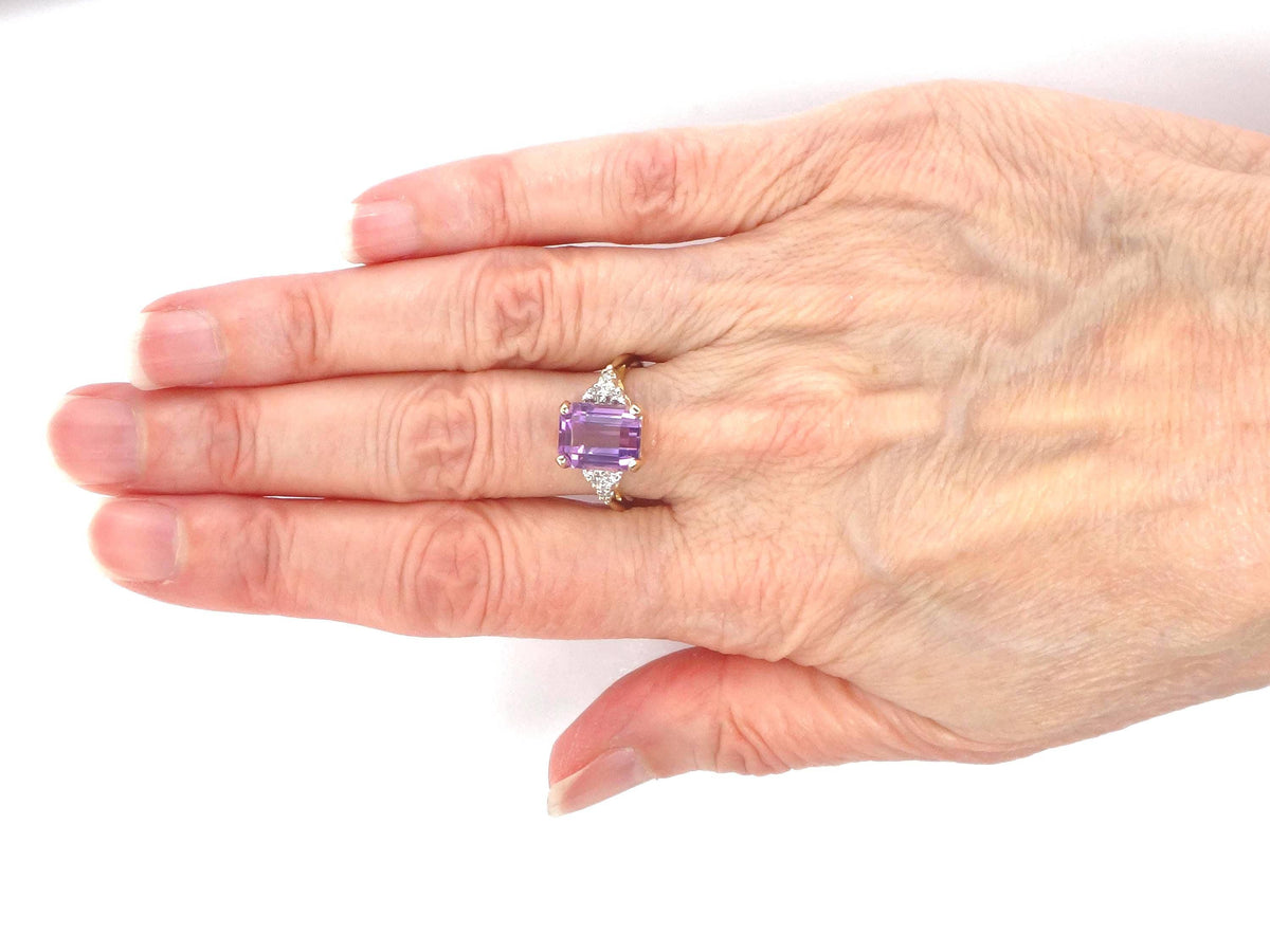 Vintage 14k Gold Rectangle Cut Amethyst and Diamond Ring, Size 7-BelmarJewelers