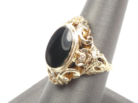 Vintage 1960s 14k Yellow Gold Onyx and Diamond Ring, Gothic Revival, Size 7.75-BelmarJewelers