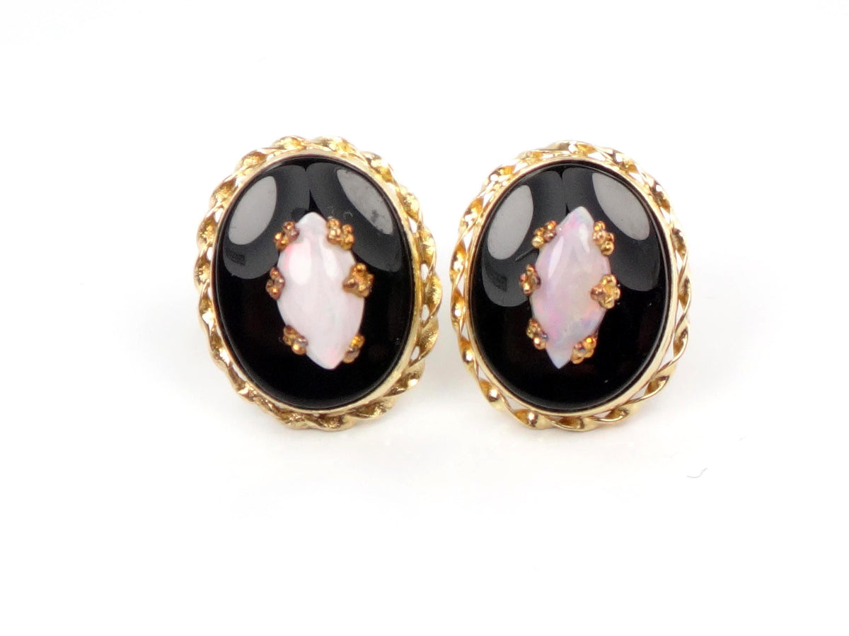 Vintage 14k Yellow Gold Onyx and Opal Stud Earrings, Circa 1970s-BelmarJewelers