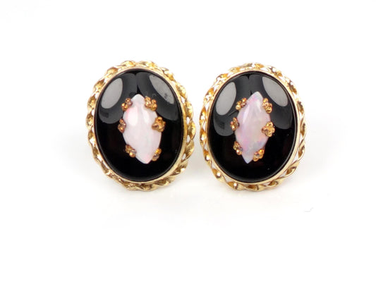 Vintage 14k Yellow Gold Onyx and Opal Stud Earrings, Circa 1970s-BelmarJewelers