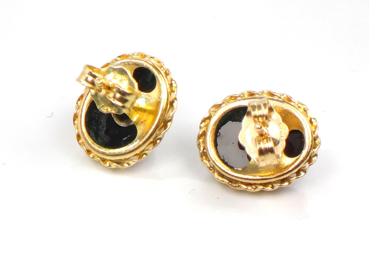 Vintage 14k Yellow Gold Onyx and Opal Stud Earrings, Circa 1970s-BelmarJewelers