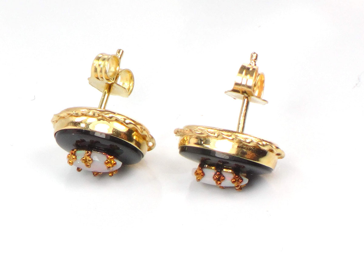 Vintage 14k Yellow Gold Onyx and Opal Stud Earrings, Circa 1970s-BelmarJewelers