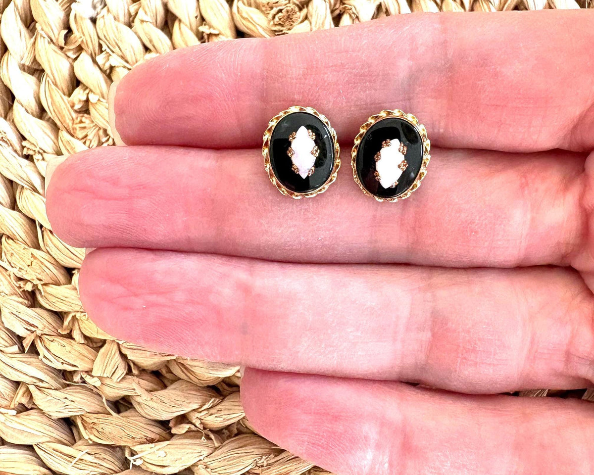 Vintage 14k Yellow Gold Onyx and Opal Stud Earrings, Circa 1970s-BelmarJewelers
