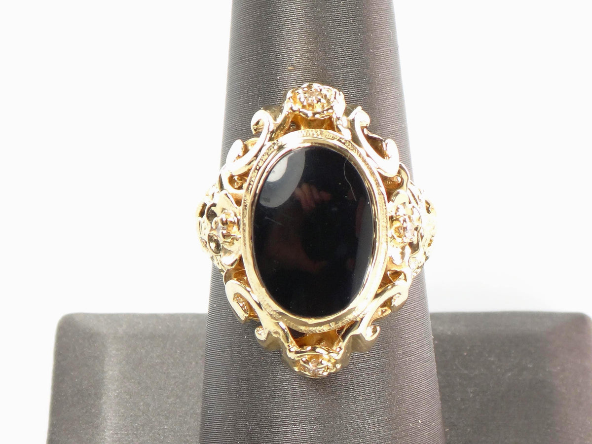 Vintage 1960s 14k Yellow Gold Onyx and Diamond Ring, Gothic Revival, Size 7.75-BelmarJewelers
