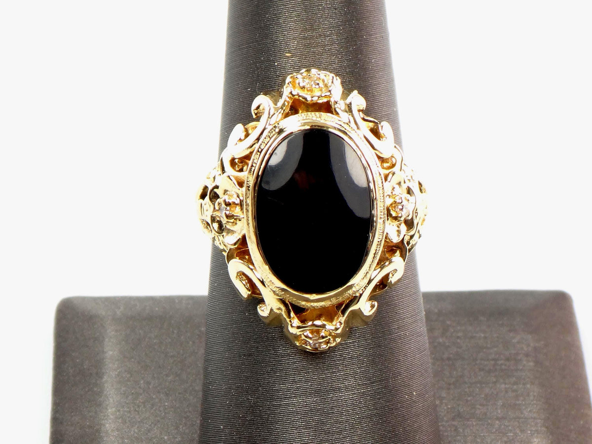 Vintage 1960s 14k Yellow Gold Onyx and Diamond Ring, Gothic Revival, Size 7.75-BelmarJewelers
