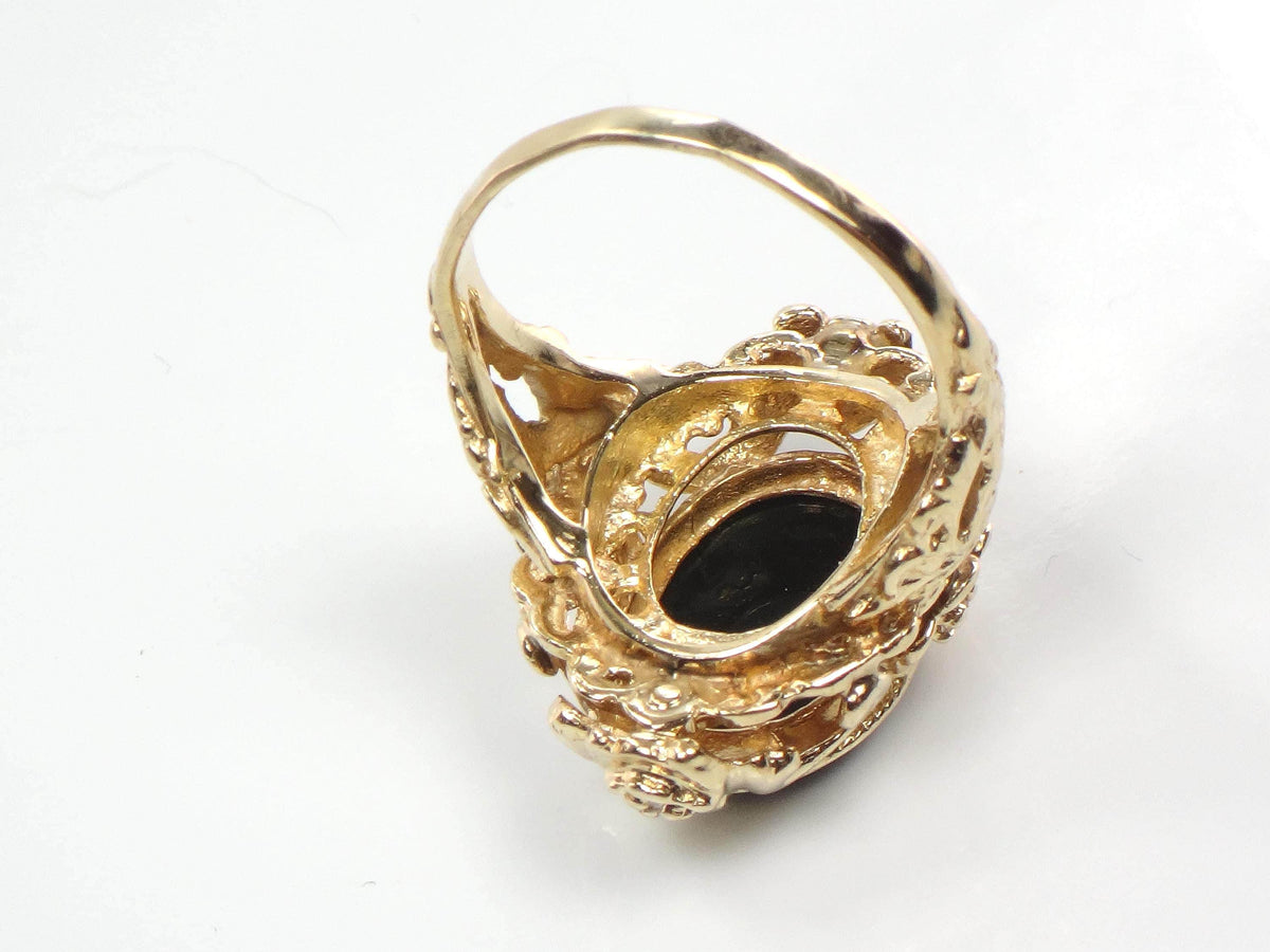 Vintage 1960s 14k Yellow Gold Onyx and Diamond Ring, Gothic Revival, Size 7.75-BelmarJewelers