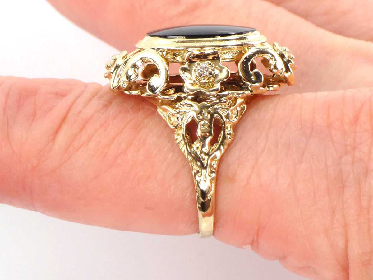 Vintage 1960s 14k Yellow Gold Onyx and Diamond Ring, Gothic Revival, Size 7.75-BelmarJewelers