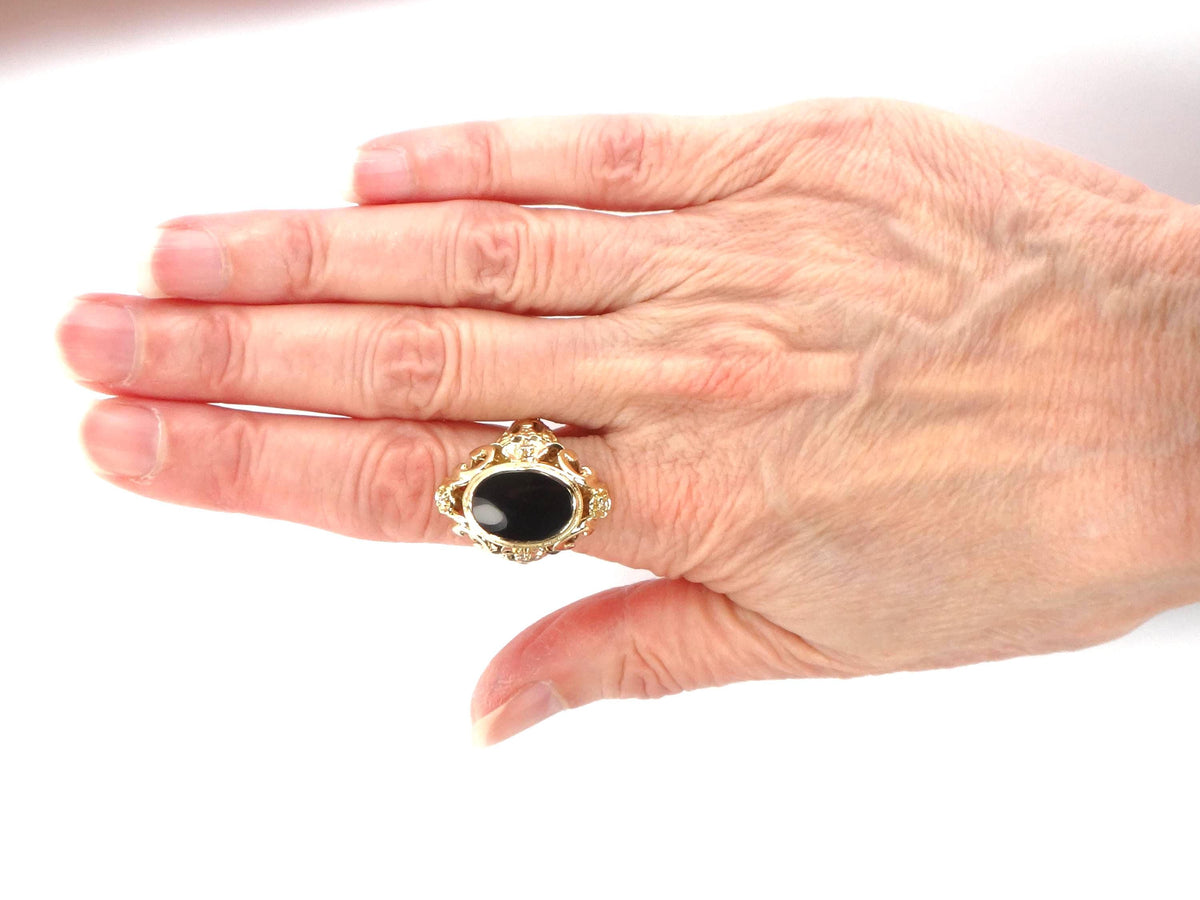 Vintage 1960s 14k Yellow Gold Onyx and Diamond Ring, Gothic Revival, Size 7.75-BelmarJewelers