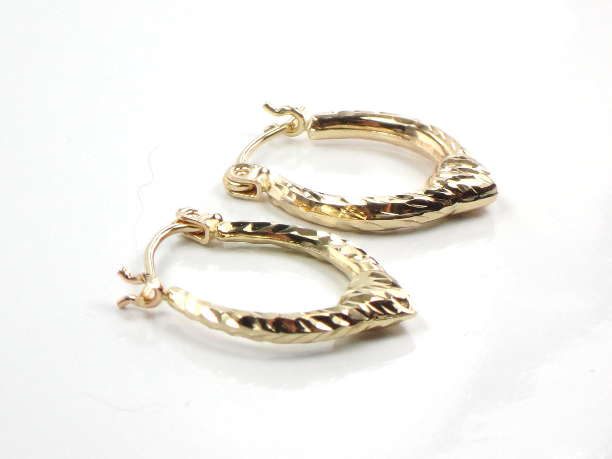 Vintage Small 14k Yellow Gold Diamond Cut Heart Hoop Earrings-BelmarJewelers