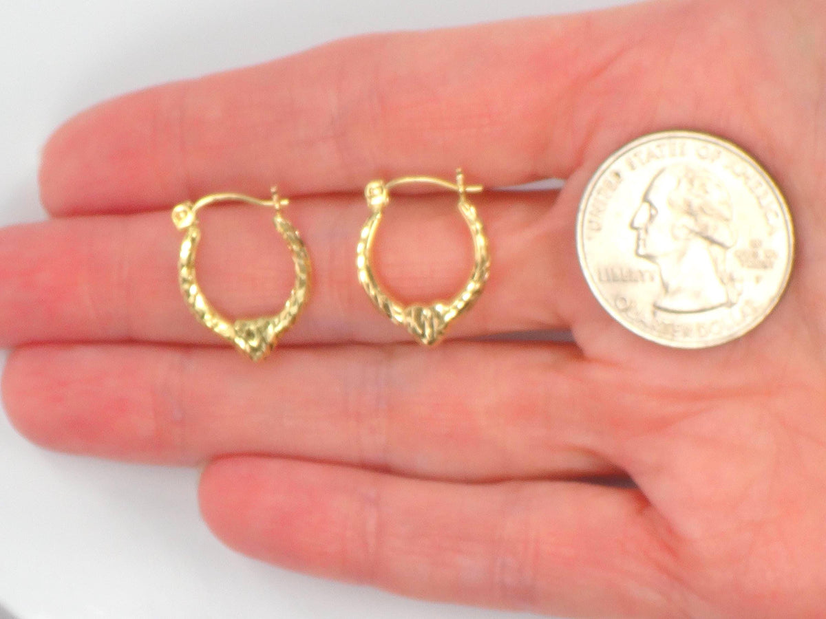 Vintage Small 14k Yellow Gold Diamond Cut Heart Hoop Earrings-BelmarJewelers