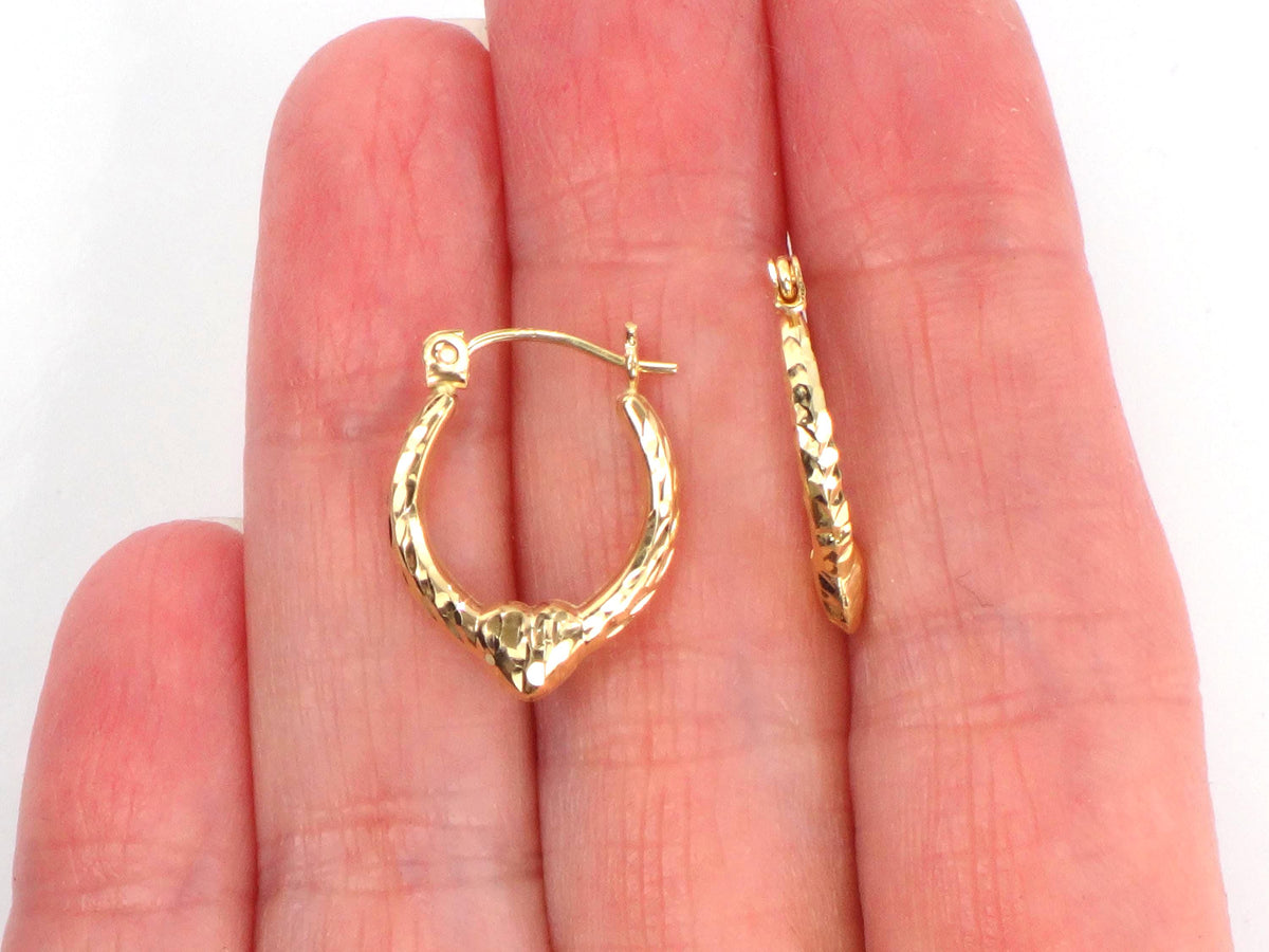 Vintage Small 14k Yellow Gold Diamond Cut Heart Hoop Earrings-BelmarJewelers