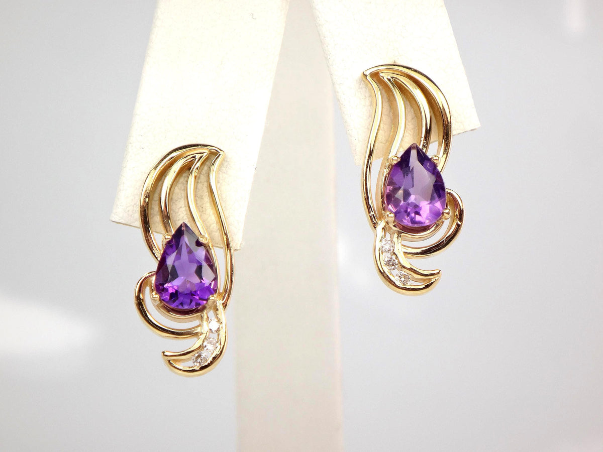 Vintage Solid 14k Yellow Gold Pear Cut Amethyst & Diamond Stud Earrings-BelmarJewelers