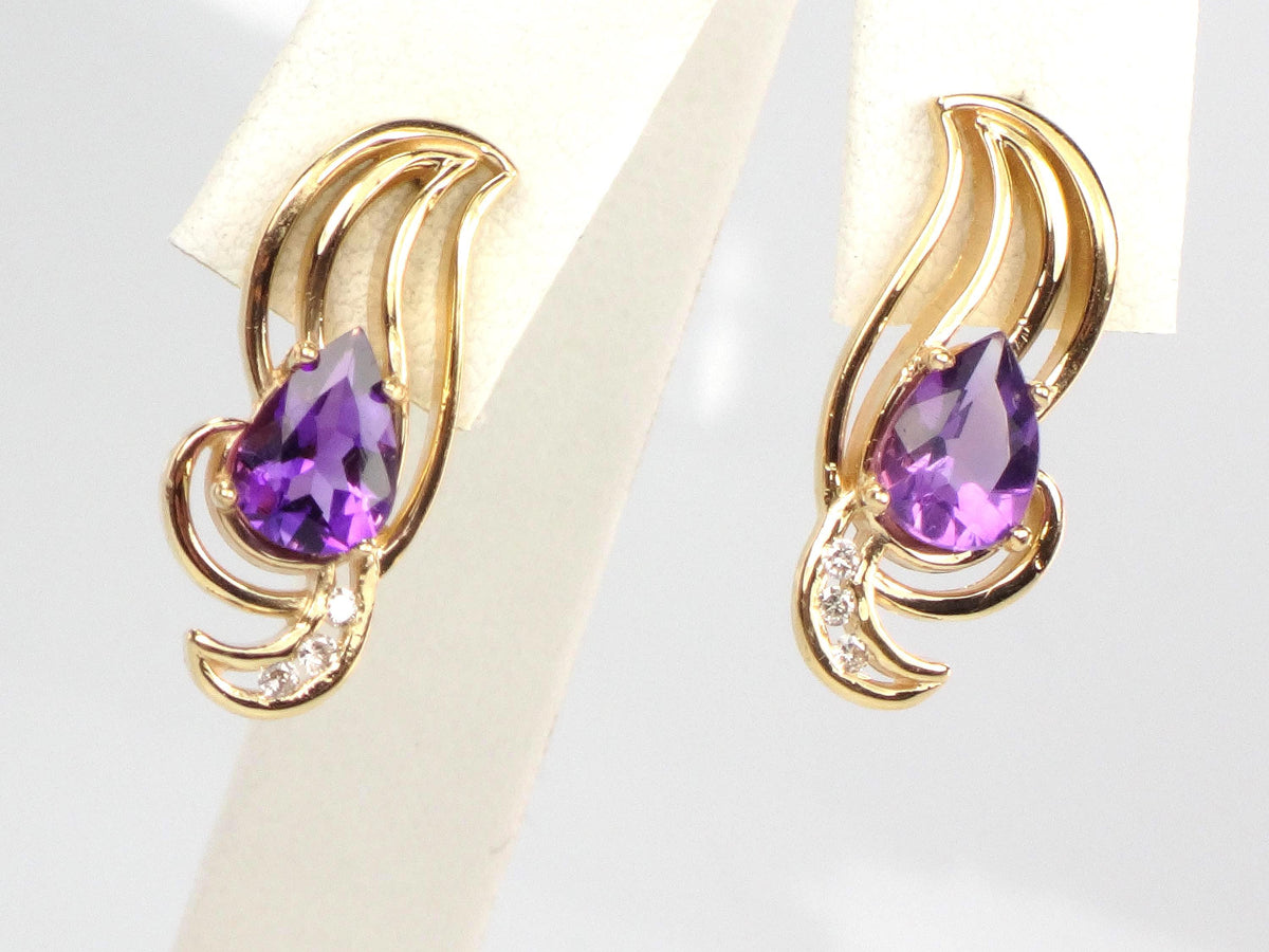 Vintage Solid 14k Yellow Gold Pear Cut Amethyst & Diamond Stud Earrings-BelmarJewelers