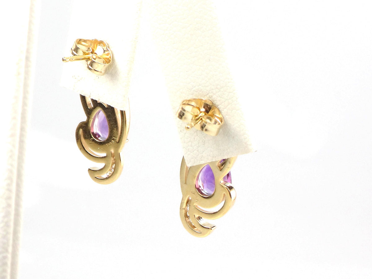 Vintage Solid 14k Yellow Gold Pear Cut Amethyst & Diamond Stud Earrings-BelmarJewelers