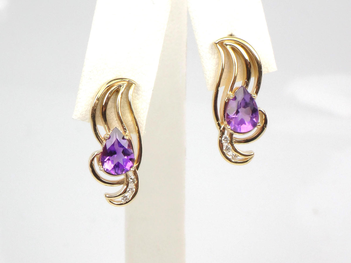 Vintage Solid 14k Yellow Gold Pear Cut Amethyst & Diamond Stud Earrings-BelmarJewelers
