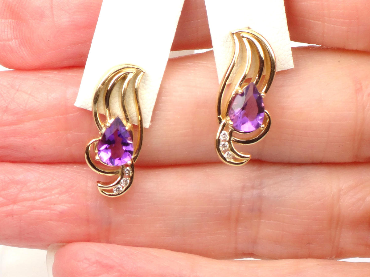Vintage Solid 14k Yellow Gold Pear Cut Amethyst & Diamond Stud Earrings-BelmarJewelers