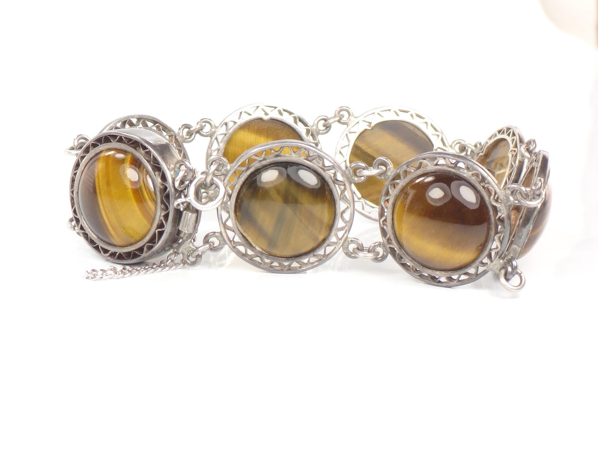 Vintage Mid-Century Sterling Silver Tiger Eye Bracelet, 6.5"-BelmarJewelers