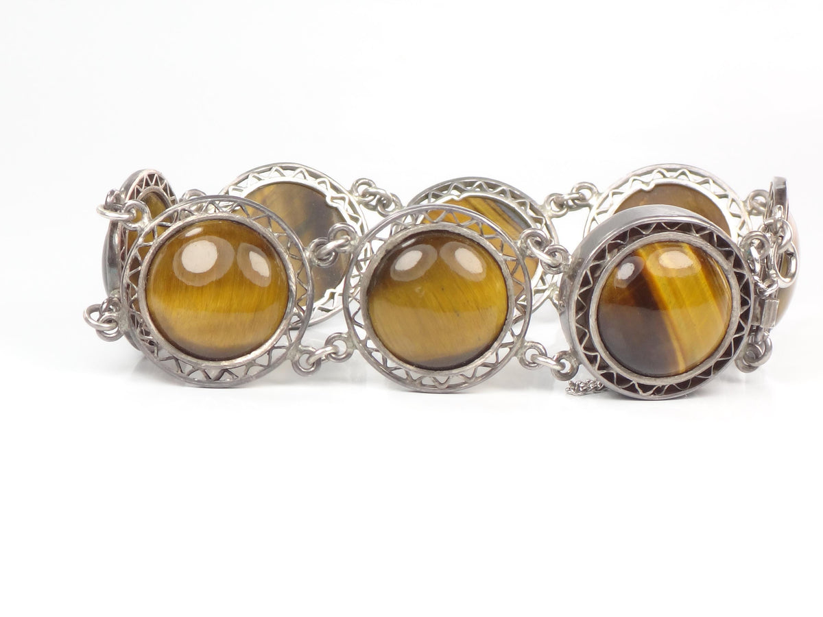 Vintage Mid-Century Sterling Silver Tiger Eye Bracelet, 6.5"-BelmarJewelers