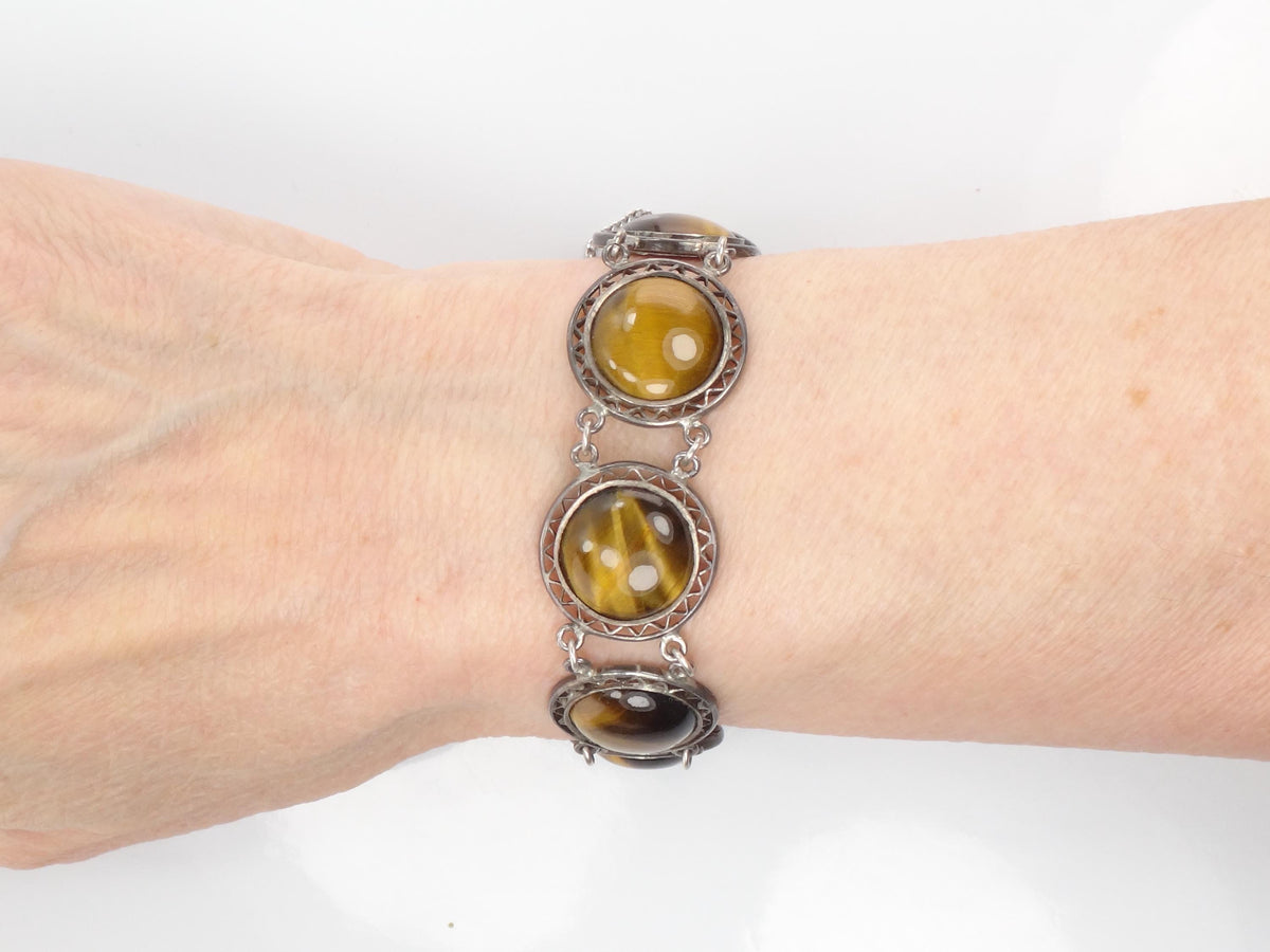 Vintage Mid-Century Sterling Silver Tiger Eye Bracelet, 6.5"-BelmarJewelers