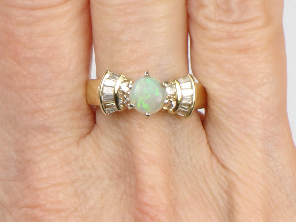 Vintage 14k Yellow Gold Opal and Diamond Engagement Ring, Circa 1980s, Size 6.25-BelmarJewelers