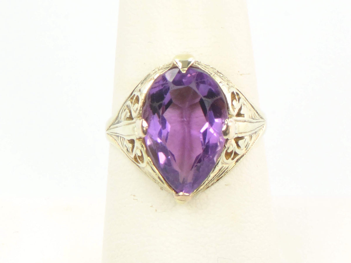 Vintage Art Nouveau 14k Yellow Gold Pear Cut Amethyst Ring, Size 8-BelmarJewelers