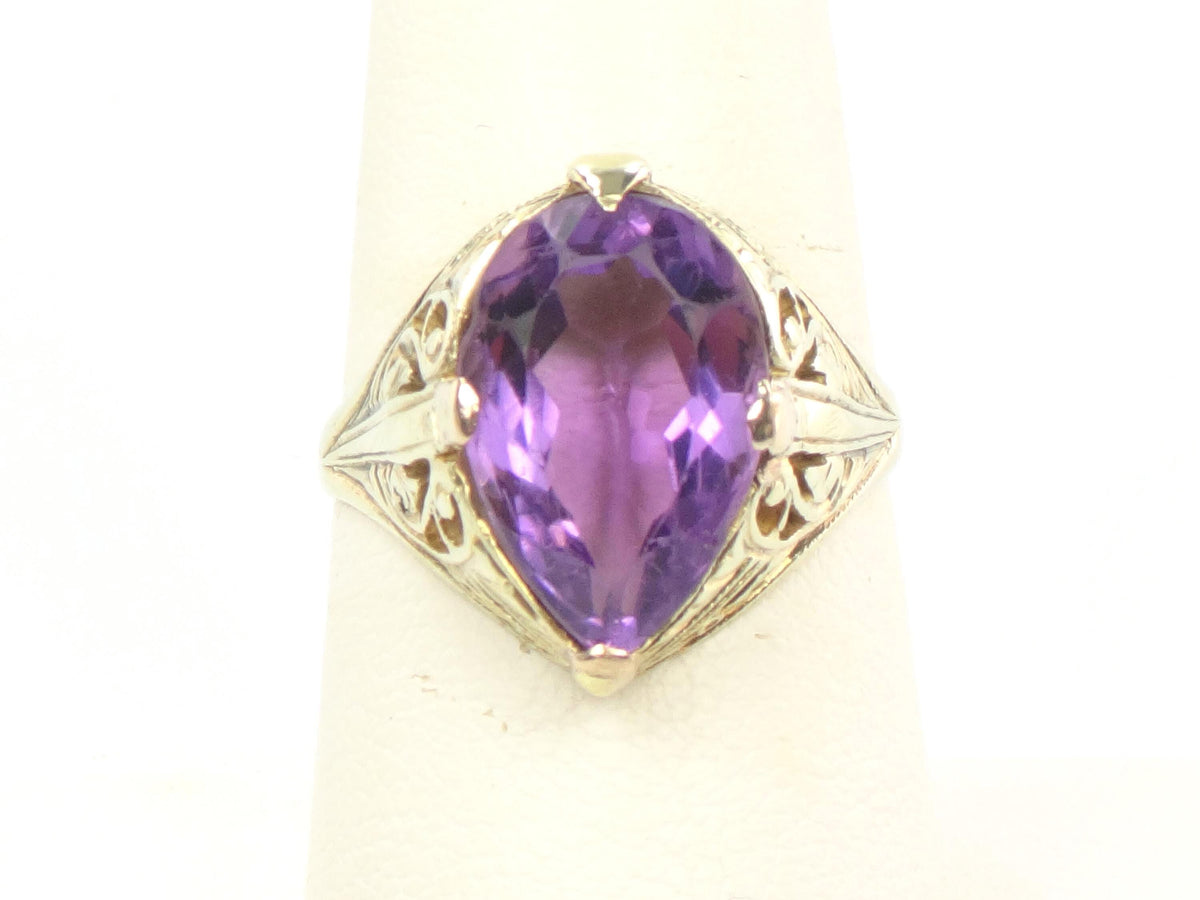 Vintage Art Nouveau 14k Yellow Gold Pear Cut Amethyst Ring, Size 8-BelmarJewelers