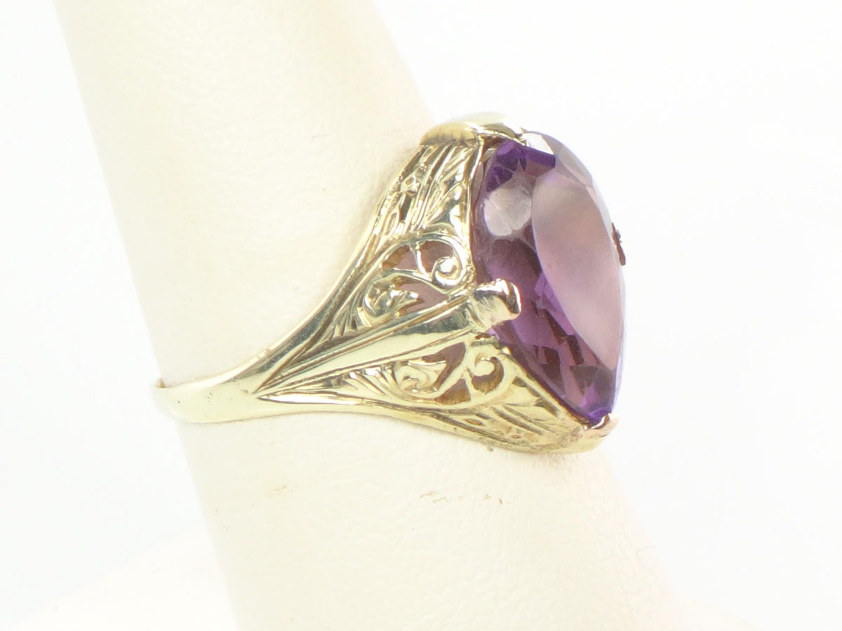 Vintage Art Nouveau 14k Yellow Gold Pear Cut Amethyst Ring, Size 8-BelmarJewelers