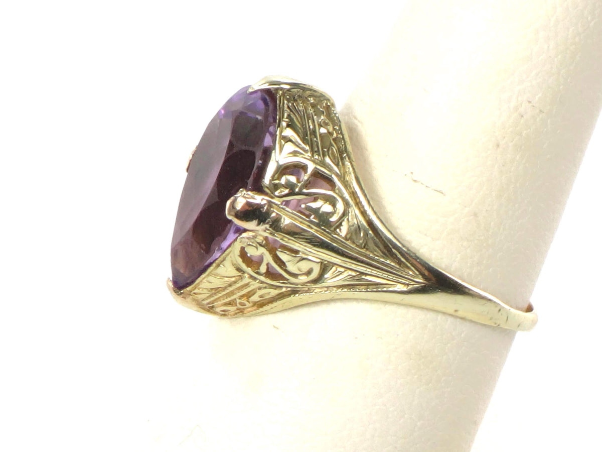 Vintage Art Nouveau 14k Yellow Gold Pear Cut Amethyst Ring, Size 8-BelmarJewelers