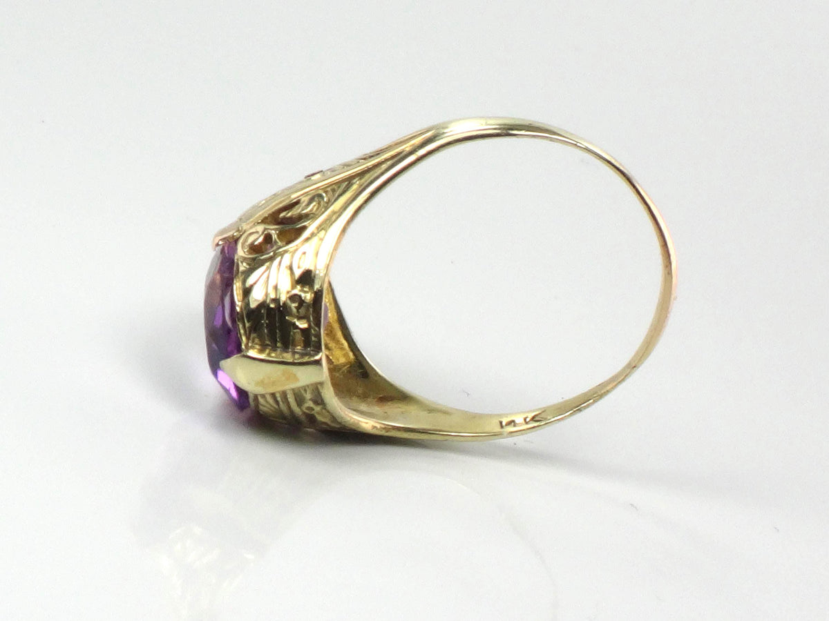 Vintage Art Nouveau 14k Yellow Gold Pear Cut Amethyst Ring, Size 8-BelmarJewelers