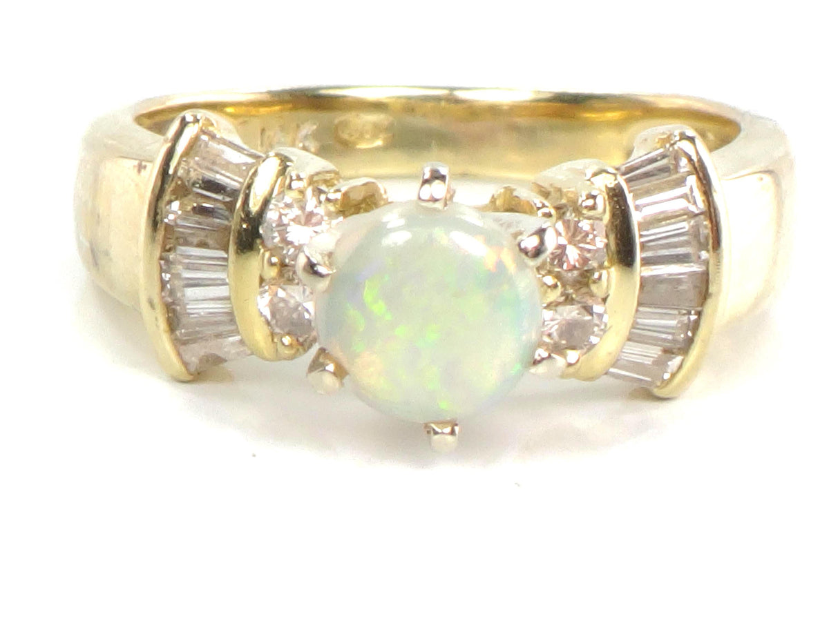 Vintage 14k Yellow Gold Opal and Diamond Engagement Ring, Circa 1980s, Size 6.25-BelmarJewelers