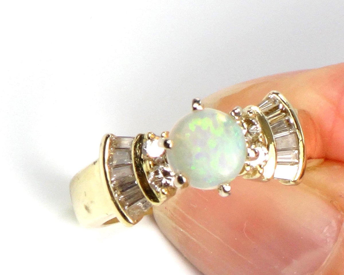 Vintage 14k Yellow Gold Opal and Diamond Engagement Ring, Circa 1980s, Size 6.25-BelmarJewelers