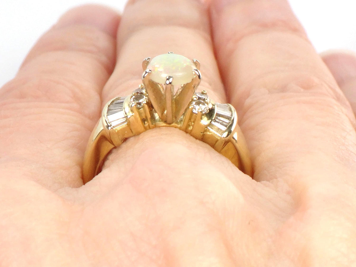 Vintage 14k Yellow Gold Opal and Diamond Engagement Ring, Circa 1980s, Size 6.25-BelmarJewelers