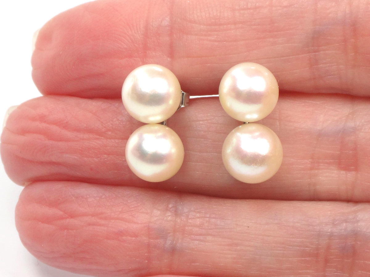 Vintage 14k White Gold Cultured Double Pearl Stud Earrings, Bridal, 7.5 - 7.7 mm-BelmarJewelers