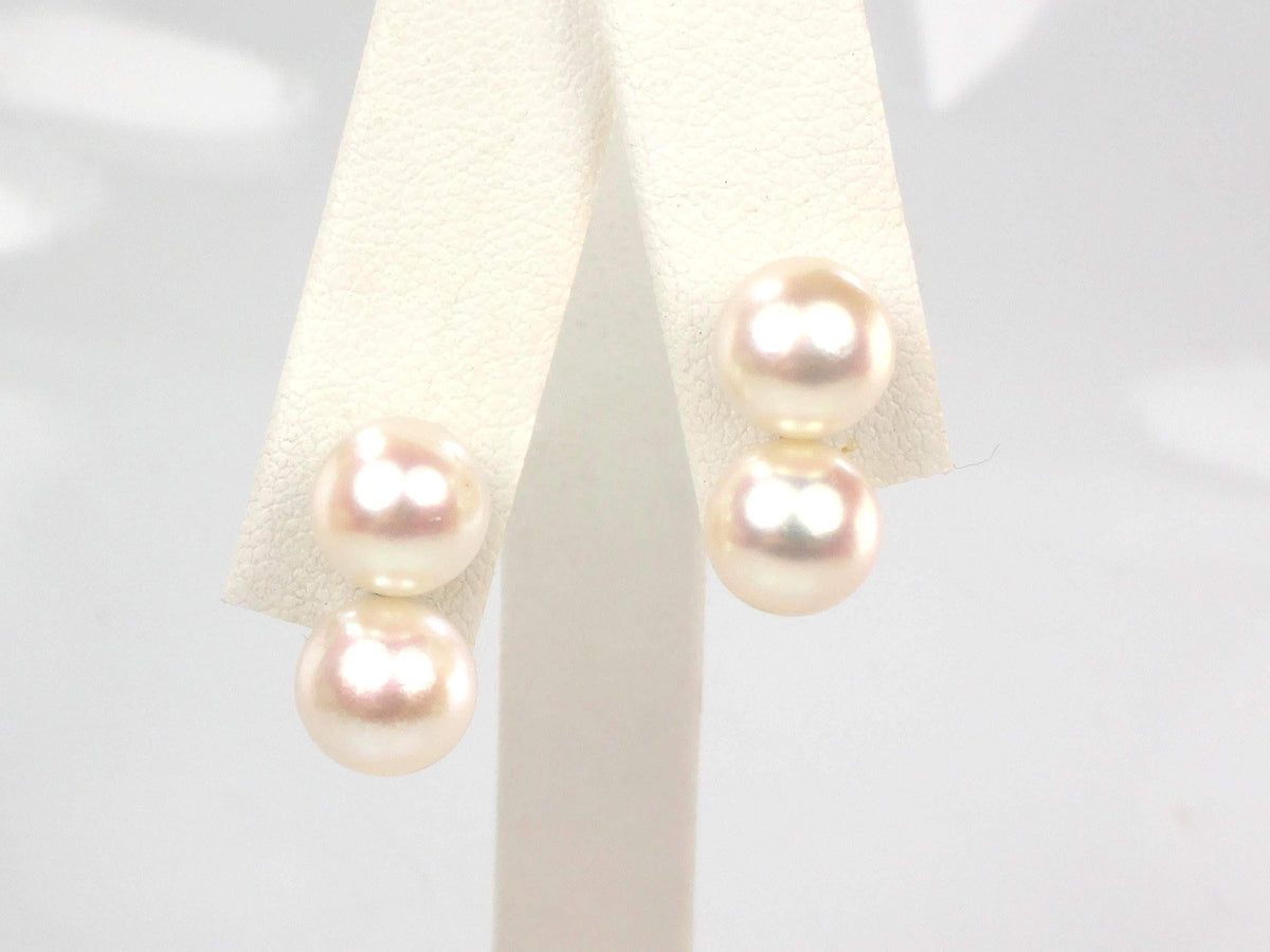 Vintage 14k White Gold Cultured Double Pearl Stud Earrings, Bridal, 7.5 - 7.7 mm-BelmarJewelers