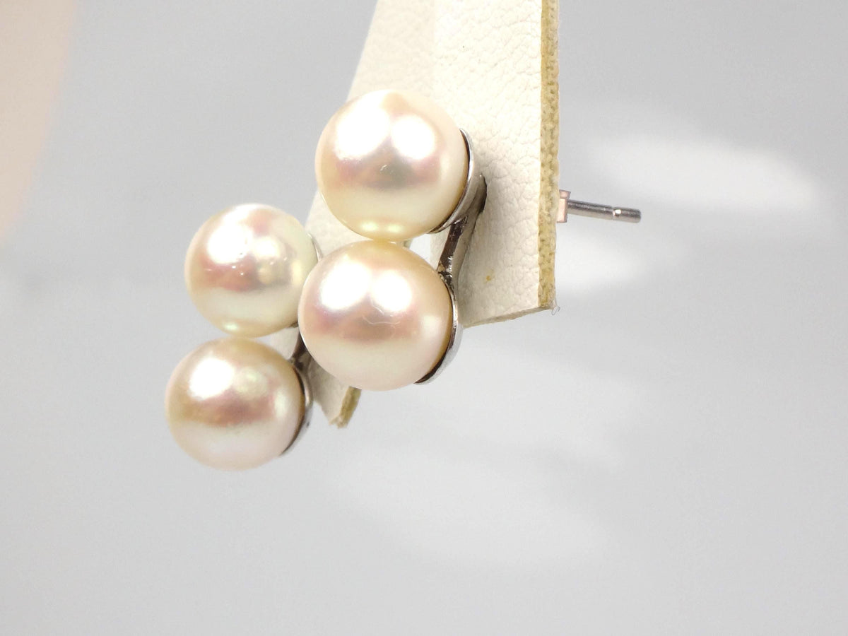 Vintage 14k White Gold Cultured Double Pearl Stud Earrings, Bridal, 7.5 - 7.7 mm-BelmarJewelers