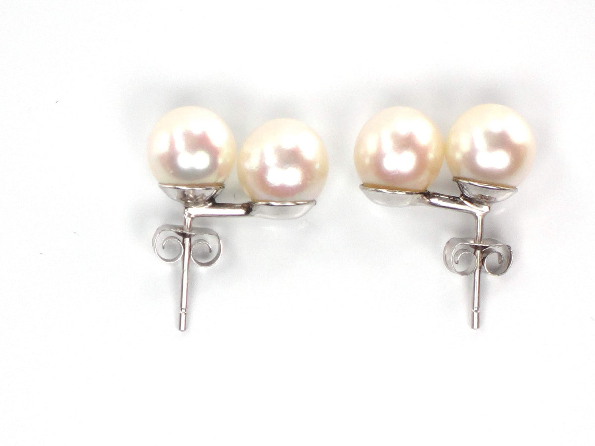 Vintage 14k White Gold Cultured Double Pearl Stud Earrings, Bridal, 7.5 - 7.7 mm-BelmarJewelers