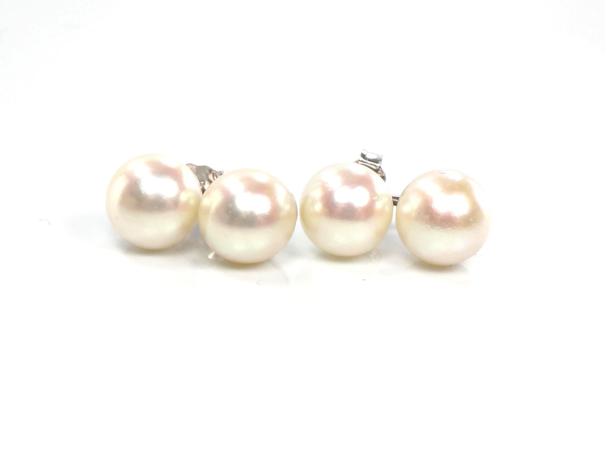 Vintage 14k White Gold Cultured Double Pearl Stud Earrings, Bridal, 7.5 - 7.7 mm-BelmarJewelers