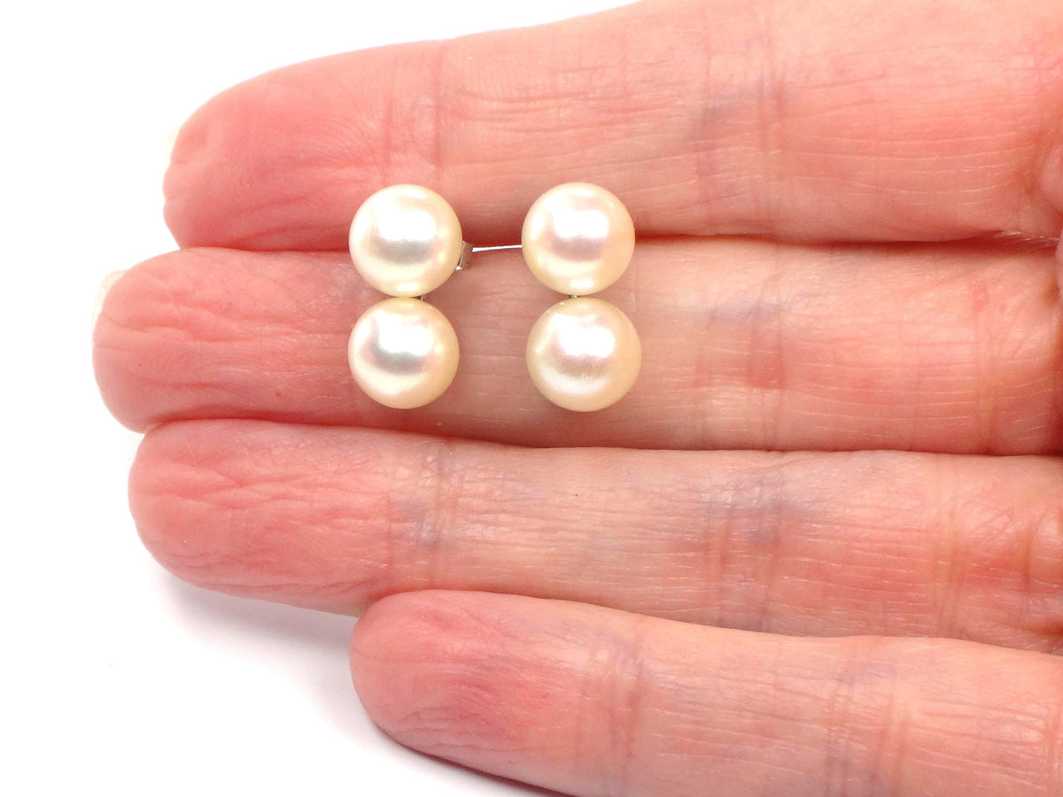 Vintage 14k White Gold Cultured Double Pearl Stud Earrings, Bridal, 7.5 - 7.7 mm-BelmarJewelers