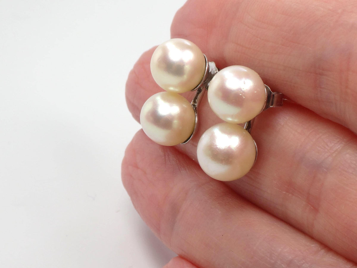 Vintage 14k White Gold Cultured Double Pearl Stud Earrings, Bridal, 7.5 - 7.7 mm-BelmarJewelers