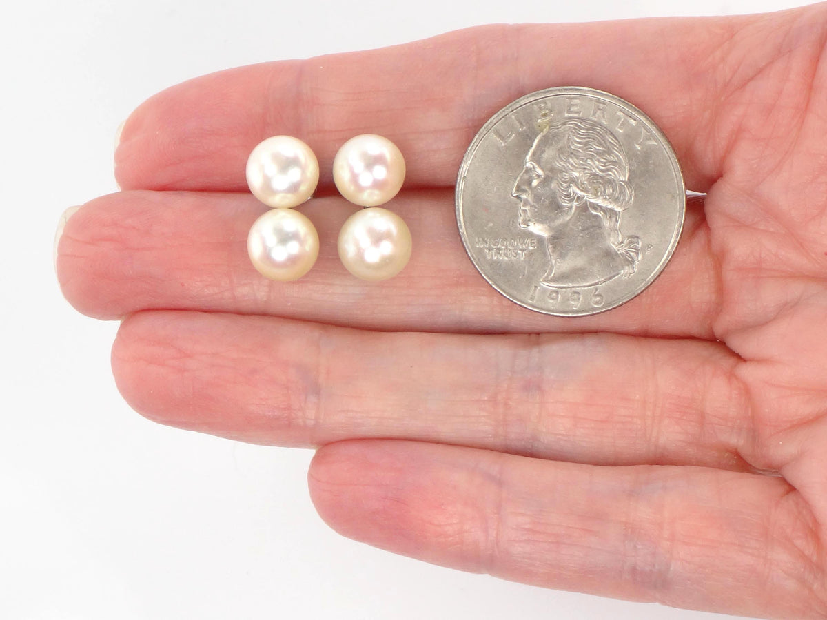 Vintage 14k White Gold Cultured Double Pearl Stud Earrings, Bridal, 7.5 - 7.7 mm-BelmarJewelers