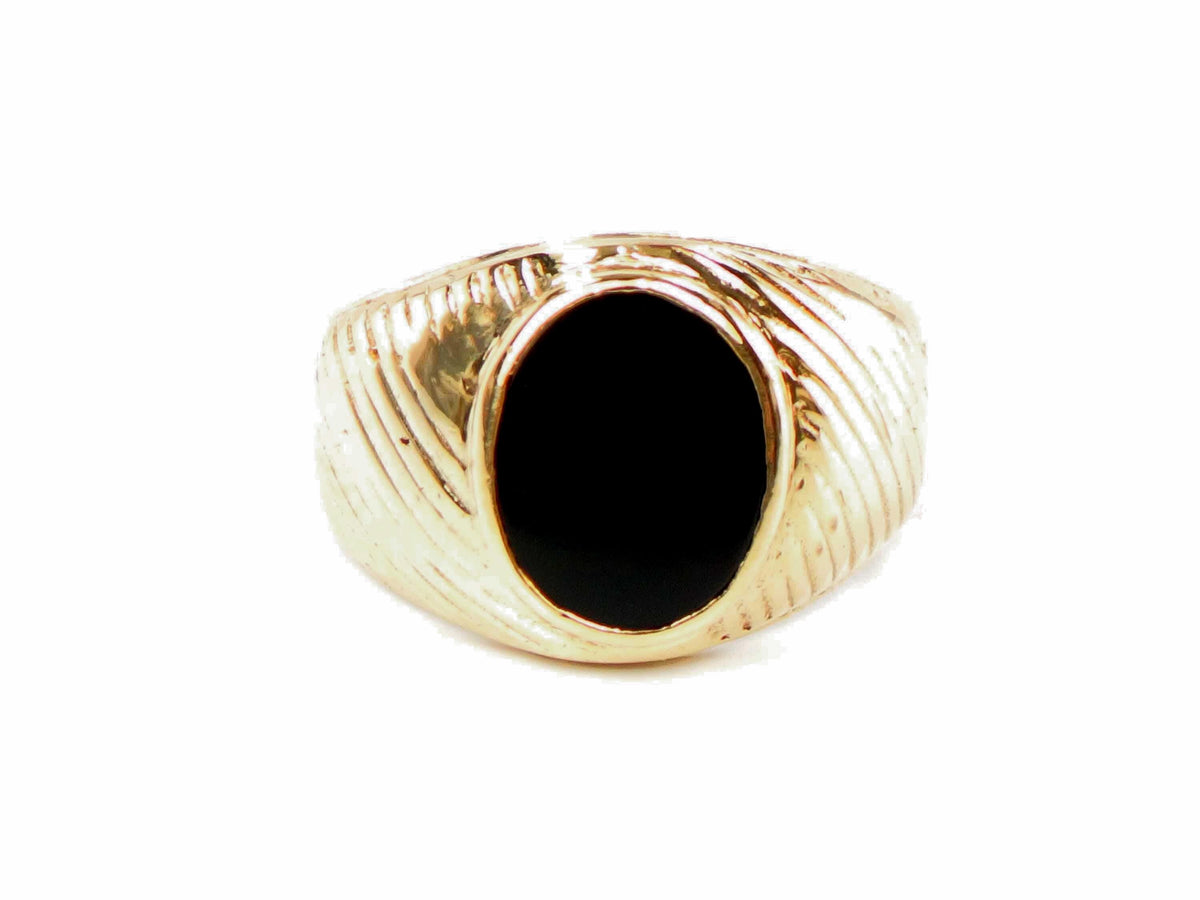 Vintage Solid 10k Yellow Gold Onyx Ring: 1960s, Bezel Set Black Stone, Size 5-BelmarJewelers