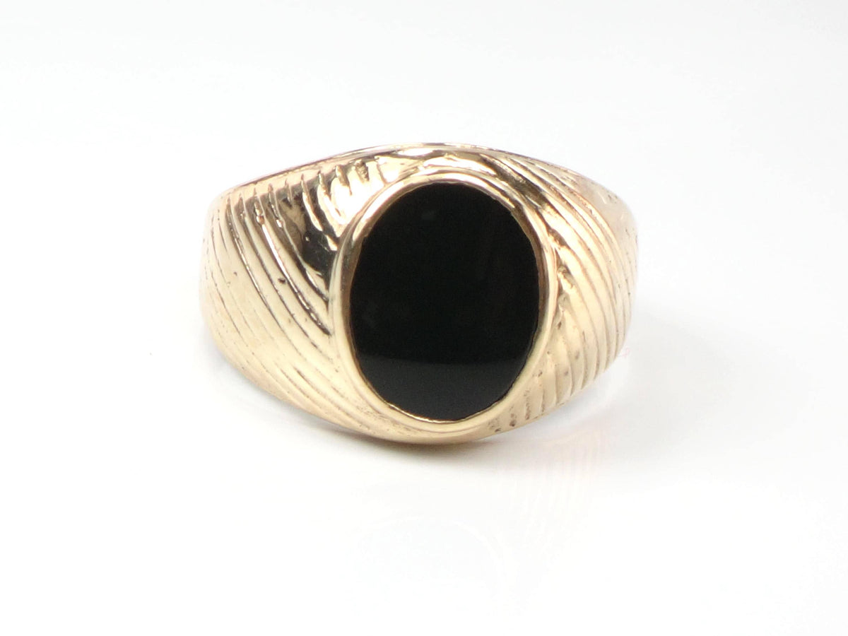 Vintage Solid 10k Yellow Gold Onyx Ring: 1960s, Bezel Set Black Stone, Size 5-BelmarJewelers